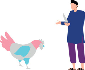 The boy stands to slaughter the rooster.