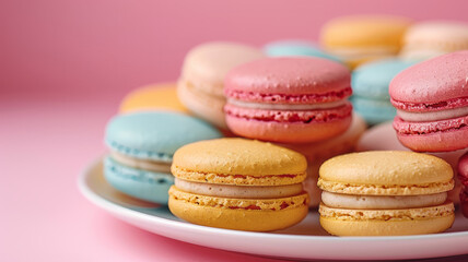 Fototapeta premium Various colorful macarons on a white plate against a pink background