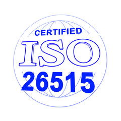 An illustration of ISO 26515 certification, like a stamp, in perspective. White background.