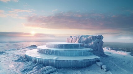 Naklejka premium A serene icy landscape featuring a tiered ice sculpture at sunrise. Soft pastel colors and a calm atmosphere set the mood.