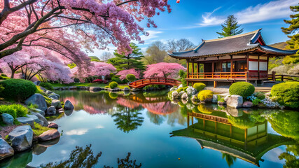 A serene Japanese garden in spring, featuring cherry blossom trees in full bloom
