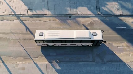 A white bus travels down a city street on a bright, sunny day