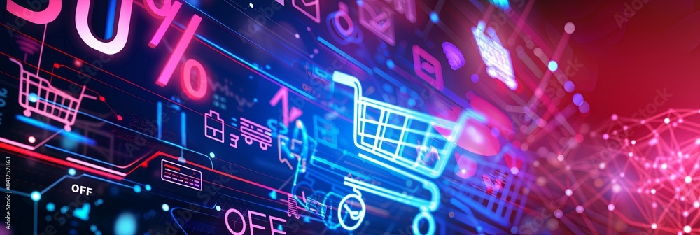 Poster abstract background with digital shopping carts, product icons and 50% off text. generative ai