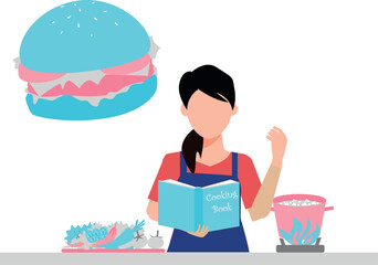 The girl is reading a recipe book.