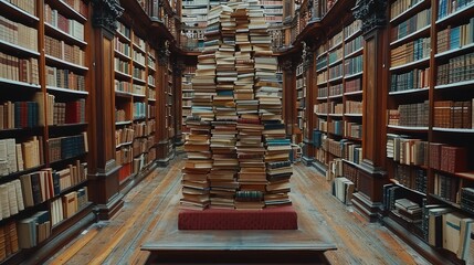 Fototapeta premium A towering stack of books in an ornate library with wooden shelves and a serene atmosphere.