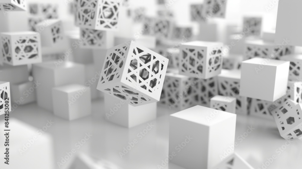 Poster abstract 3d rendering of white cubes with intricate geometric patterns, suspended in mid-air against