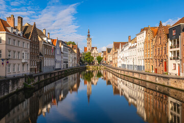 Scenery of Spiegelrei, a watercourse and street in the center of Bruges, Belgium.