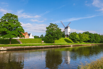 Windmill at Park Kruisvest, part of the old Bruges ramparts, in Belgium