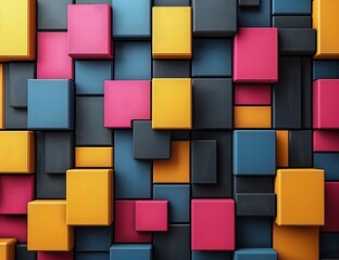 3D render of a vibrant abstract background featuring an irregular arrangement of matte cubic blocks in yellow, magenta, teal, and charcoal colors, creating a dynamic textured surface.