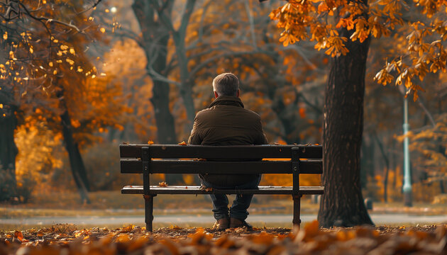 A man lonely sitting on bench in autumn park