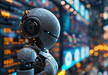 AI trading robot standing and analyzing a crypto trading chart, symbolizing the integration and use of artificial intelligence for stock market analysis in the style of Vray. 