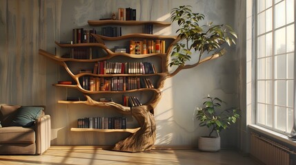 Whimsical Wooden Tree Bookshelf with Books Nestled in Branches