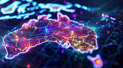 Digital Neon Map of Australia Showing Futuristic Data Networks, Global Technology Connections, Communication Systems, and Innovation