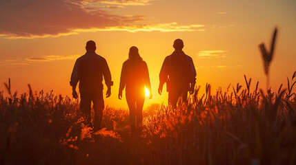  silhouette group of three farmers friends walking in field at sunset, agriculture concept