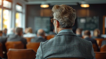  a 35-year man presenting to board members in a office, shot from behind, natural lighting