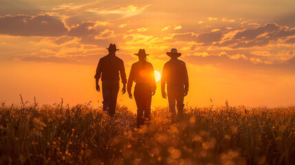  silhouette group of three farmers friends walking in field at sunset, agriculture concept