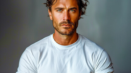 Obraz premium A close-up portrait of a man with brown hair and a beard, wearing a white t-shirt, looking directly at the camera with an intense gaze. The background is a plain gray wall