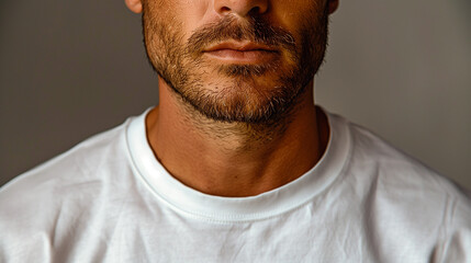 Obraz premium A mans jawline, with a short beard, is the focus of this portrait. His lips are slightly parted, and his gaze is not visible. The background is a soft, out-of-focus blur
