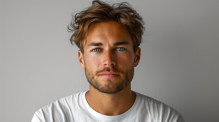 Obraz premium A portrait of a young man with a neatly trimmed beard, wearing a simple white shirt, against a muted gray background. He looks directly at the camera with a calm and confident expression