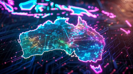 Fototapeta premium Futuristic neon map Australia connections networks digital data global communication technology innovation