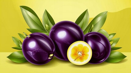 Vector graphics, on a embossed convex light lemon background pearly shiny dark purple plums 3d bright olive leaves