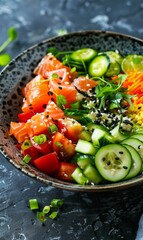 This bowl contains rice or green vegetables. Topped with diced raw fish, fresh vegetables and delicious sauce.