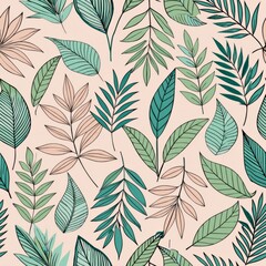 Fototapeta premium Seamless pattern of minimalistic leaves or botanical elements, drawn with thin lines and arranged sparsely to convey a sense of natural simplicity, Generative AI