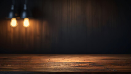 Empty dark wooden table top on blurred background with warm lighting. Banner with copy space. Template showcase scene for display, montage, advertising product.
