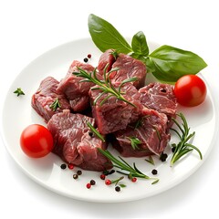 Fototapeta premium Raw beef cubes with rosemary and spices on plate