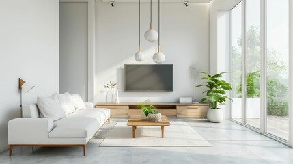 A modern minimalist living room with a white sofa, wooden furniture, and green plants. Large windows allow natural light to flood the space.