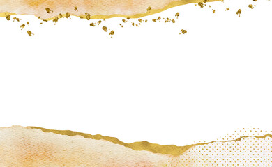Frame for background with abstract beige gradient watercolor waves and gold ribbons and stains.