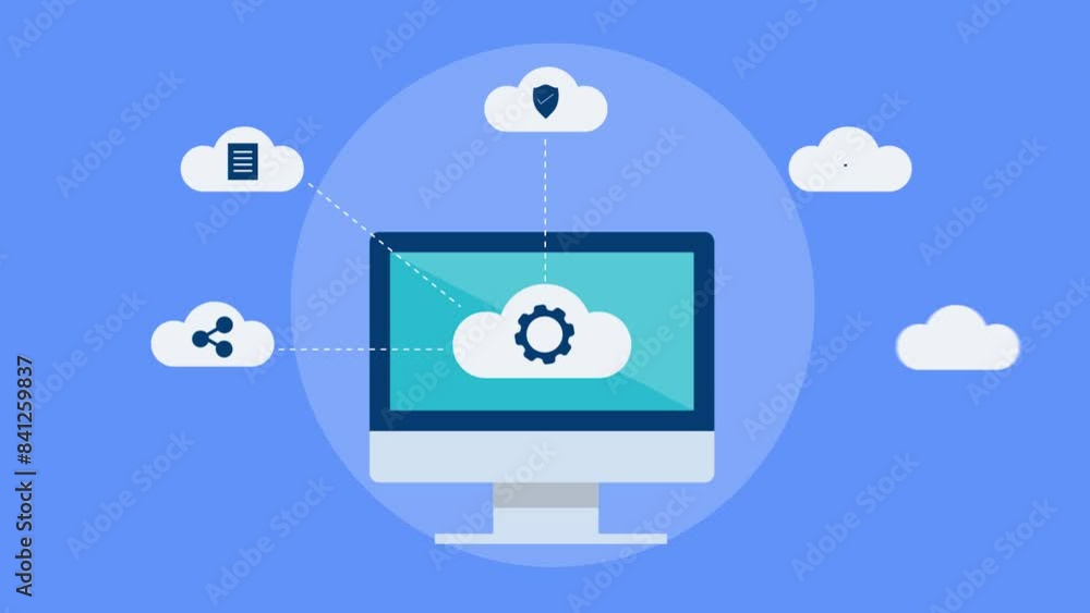 Poster cloud computing technology service, data transfer process from cloud server video animation.