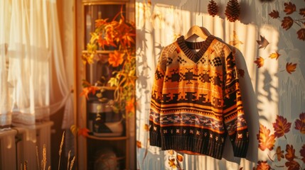 A sweater hanging on a wall next to a window