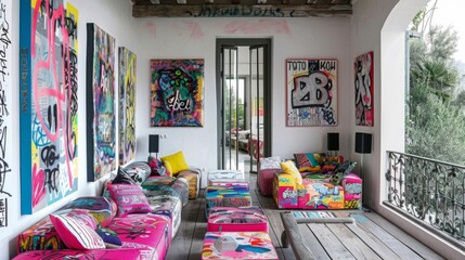 A living room filled with lots of colorful furniture