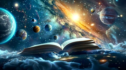 Open book floating in space among stars and planets. Surreal and enchanting illustration of literary exploration. AI