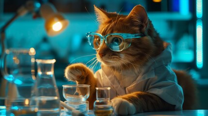 Adorable cat wearing glasses and a lab coat, pretending to be a scientist in a laboratory setting with beakers and flasks.