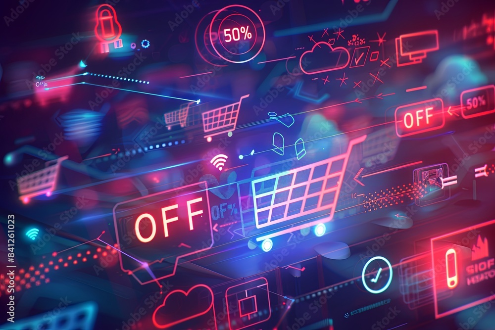 Poster abstract digital background with shopping carts, icons, and a bold 50% off text. generative ai