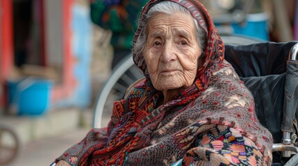 An elderly woman, wrapped in a colorful shawl, sits in a wheelchair, gazing thoughtfully