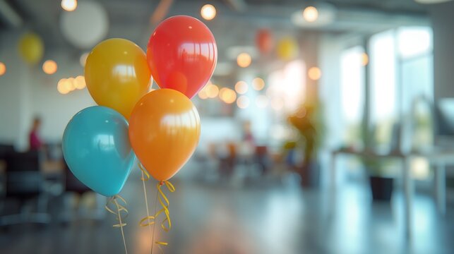 Close-up of colorful balloons in a festive office setting, perfect for celebration and party themes in a modern work environment.
