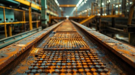 Obraz premium Rusty industrial rail track in a factory with a glowing background.