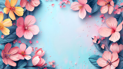 minimal floral frame background with copy space for text flat design top view spring theme cartoon drawing colored pastel