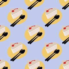 Seamless cake pattern with yellow plate and black utensils 
