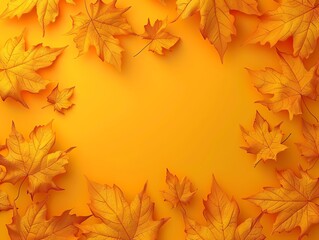 Fototapeta premium Bright yellow autumn leaves arranged in a frame on a matching yellow background. Perfect for seasonal themes, fall promotions, and nature designs.