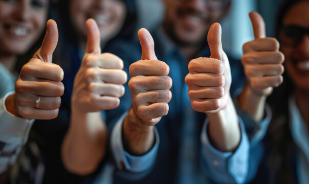 Thumbs up. Business people in office with gesture for thank you, support and collaboration