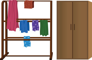 cupboard  and wardrobe with clothes isolated with white background clipart vector illustration. Interior elements for cartoon animaiton