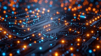 A close-up image of a digital circuit board with glowing orange and blue lights.