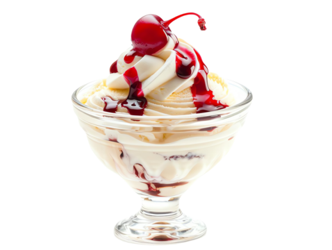 Delicious vanilla ice cream sundae topped with cherry and syrup in a glass bowl, perfect for summer desserts and sweet cravings.
