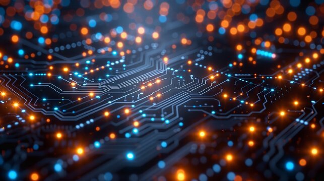 A close-up image of a digital circuit board with glowing orange and blue lights.