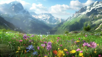 meadow with flowers in mountains seamless looping overlay 4k virtual video animation background