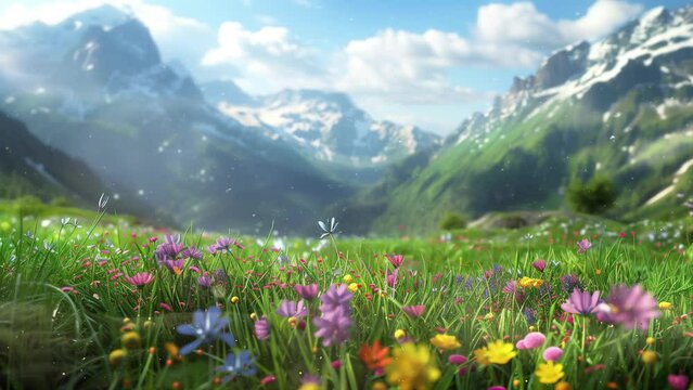 meadow with flowers in mountains seamless looping overlay 4k virtual video animation background